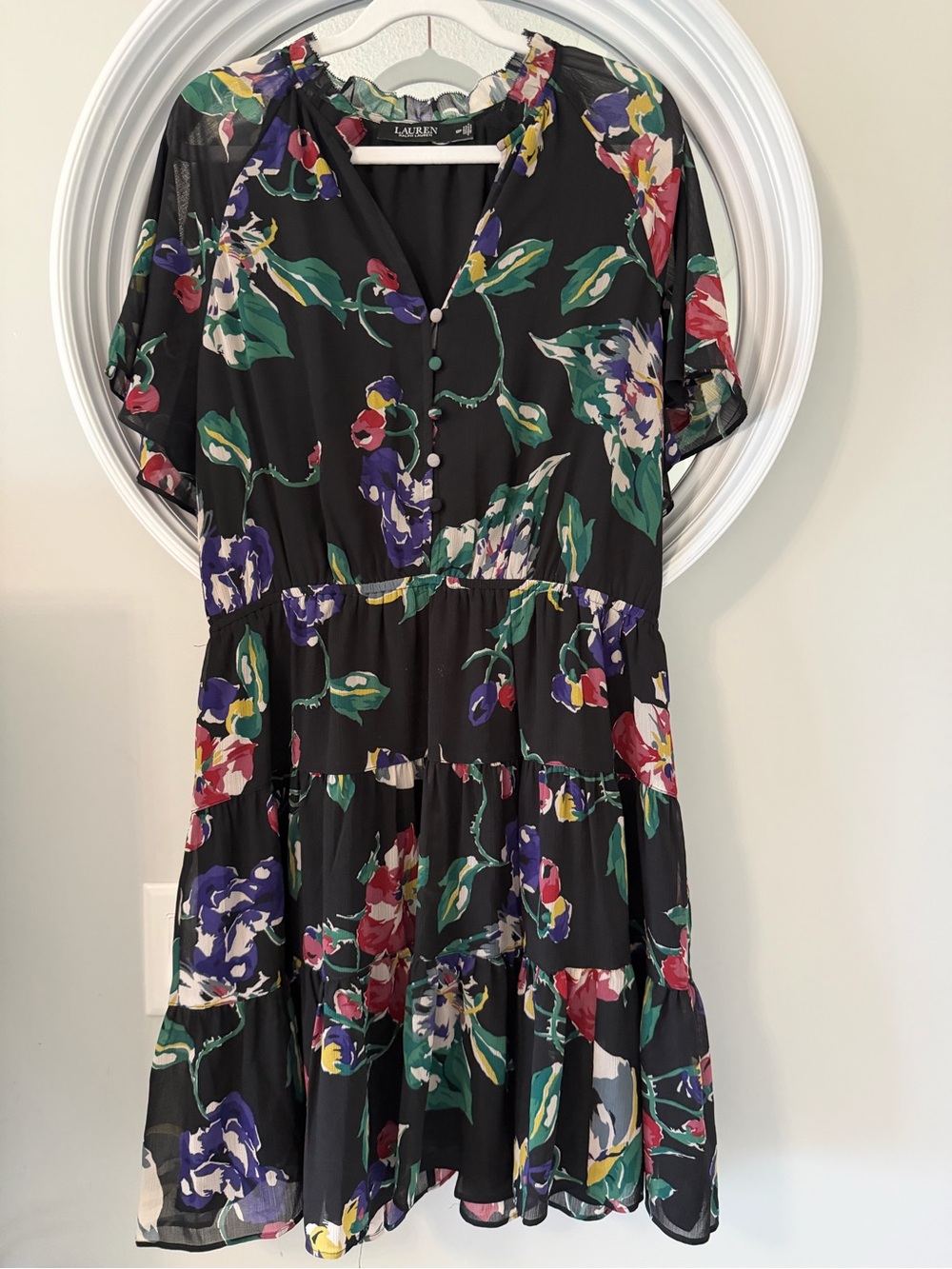 Ralph Lauren Black Floral Tiered V-Neck Dress